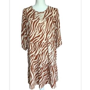 MTS Zebra Print Tiered Dress Bronze Beige Long Sleeve Women’s Size Small NWT